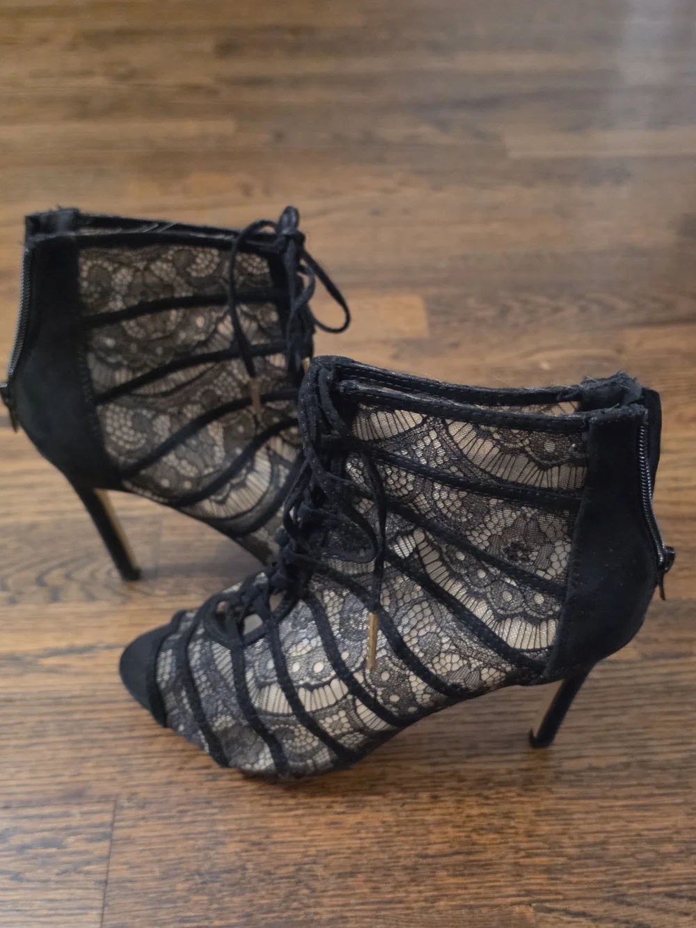 JustFab Black Lace Gladiator Stiletto Booties